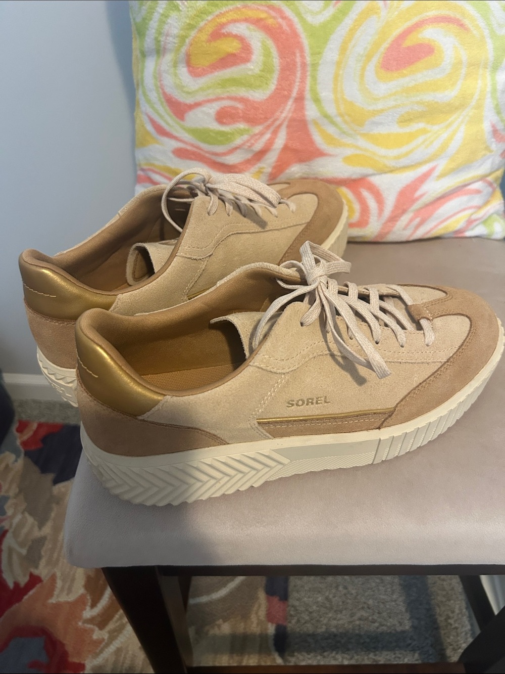 Sorel Women's Beige/Tan and Gold Suede Platform Sneakers - Picture 6 of 12
